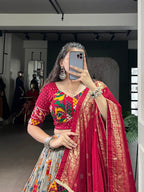 Lorenvalley Fashion Grey Tasar Silk Print with Foil Work and Real Mirror Gamthi Work with Lace Touch Up Lehenga Choli with Dupatta | Grocsy