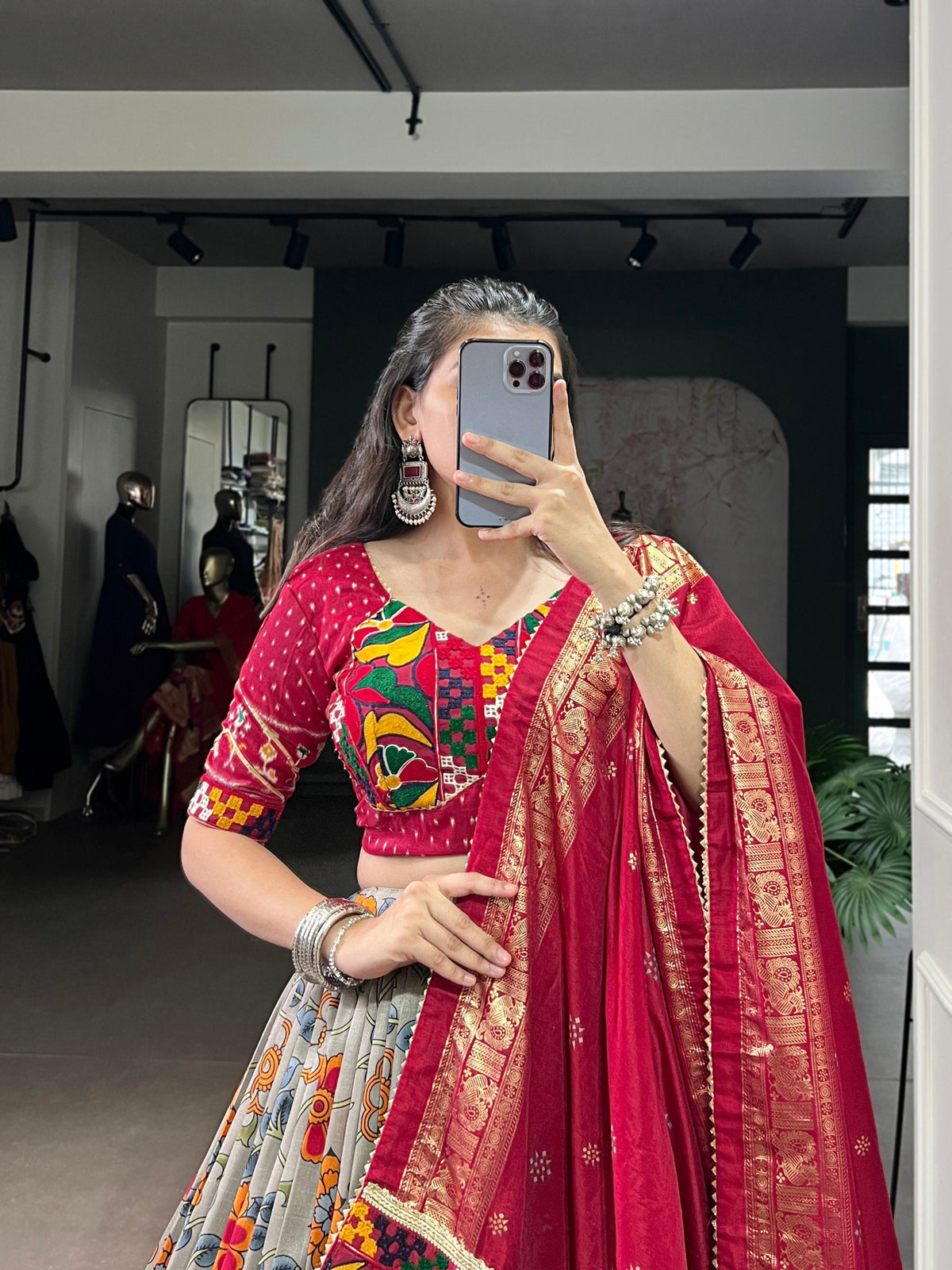 Lorenvalley Fashion Grey Tasar Silk Print with Foil Work and Real Mirror Gamthi Work with Lace Touch Up Lehenga Choli with Dupatta | Grocsy