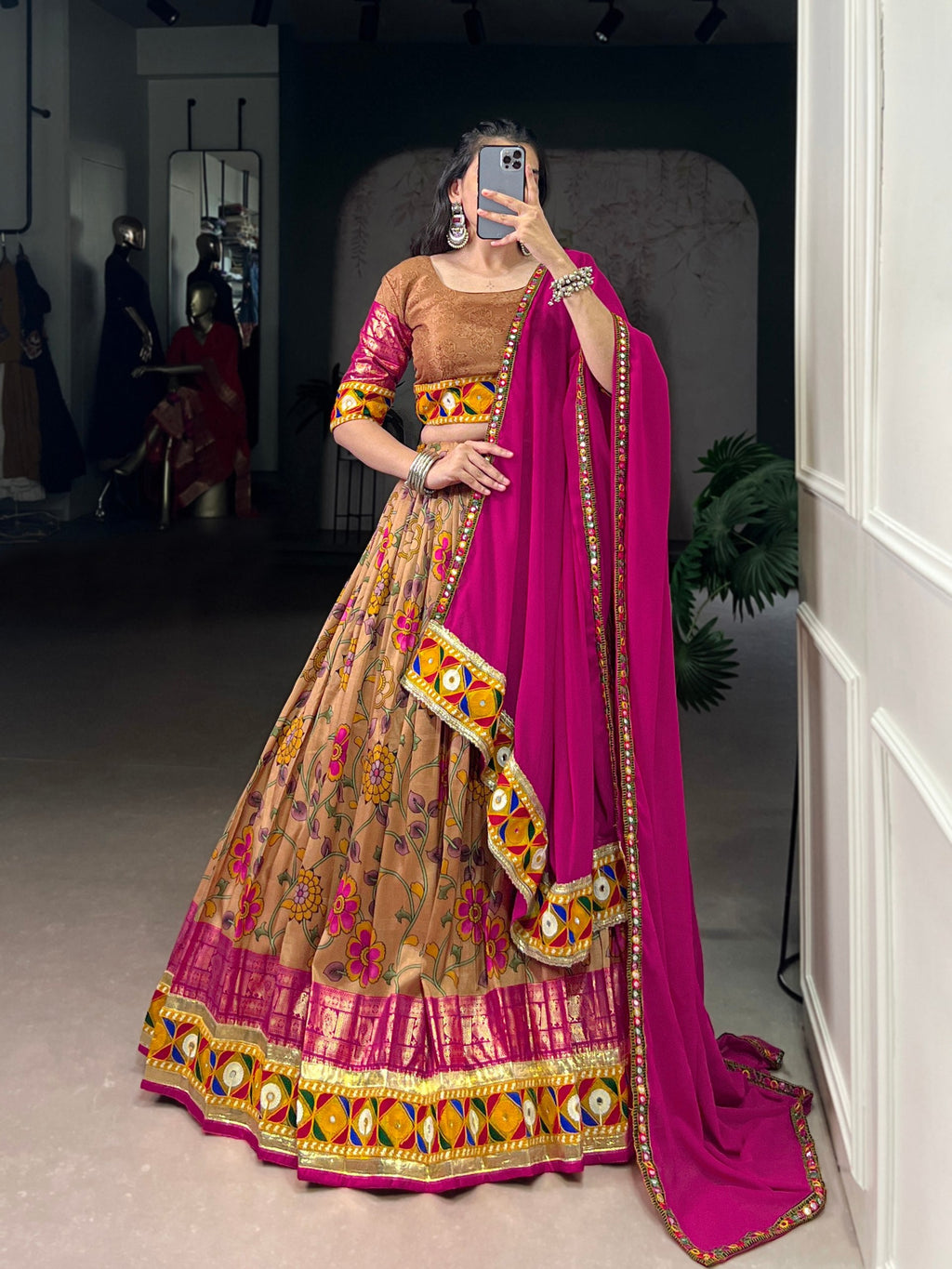 Lorenvalley Fashion Mustard Tasar Silk Print with Foil Work and Real Mirror Gamthi Work with Lace Touch Up Lehenga Choli with Dupatta | Grocsy