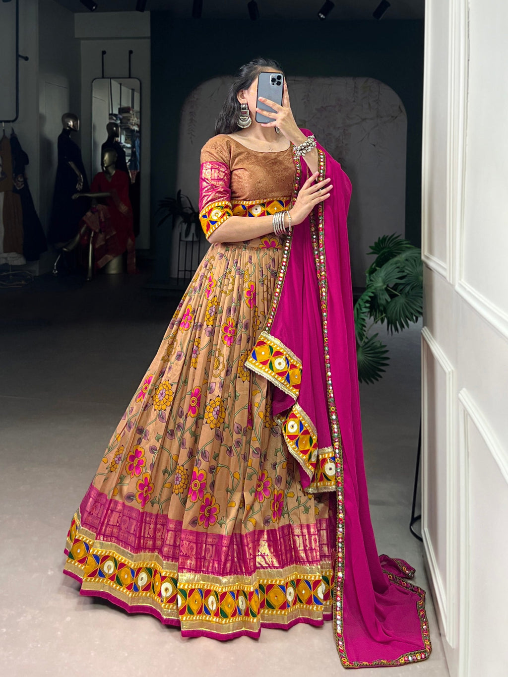 Lorenvalley Fashion Mustard Tasar Silk Print with Foil Work and Real Mirror Gamthi Work with Lace Touch Up Lehenga Choli with Dupatta | Grocsy