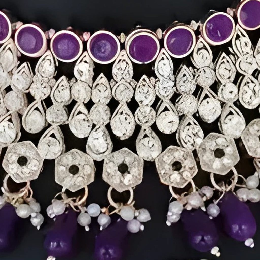 Jewel City Royal Purple Kundan & Pearl Bridal Jewelry Set-Luxury Choker Necklace Earrings & Maang Tikka-Ethnic Wedding & Party Wear | Grocsy