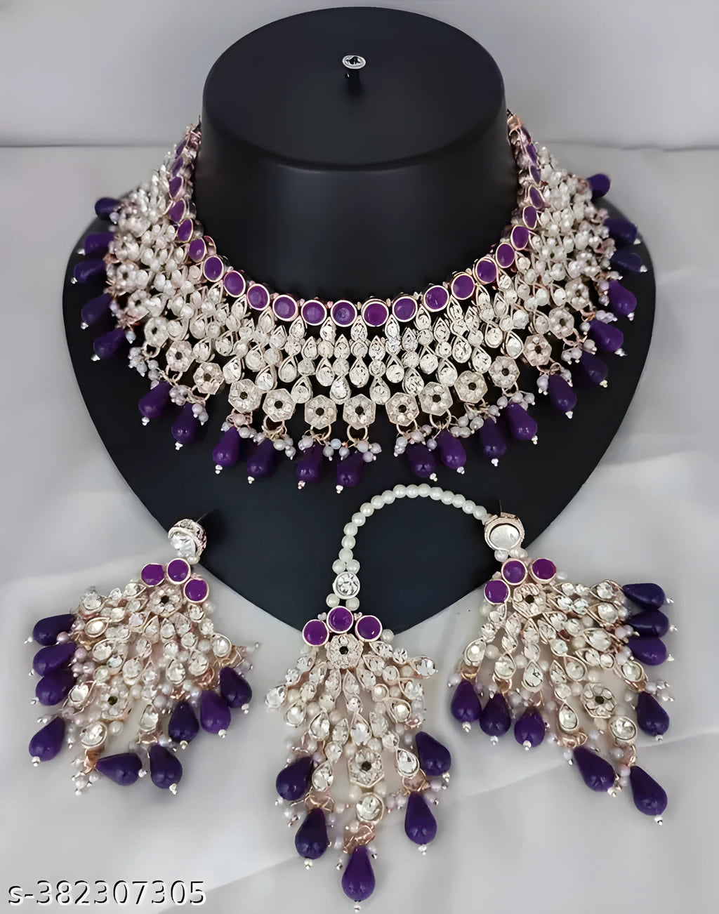 Jewel City Royal Purple Kundan & Pearl Bridal Jewelry Set-Luxury Choker Necklace Earrings & Maang Tikka-Ethnic Wedding & Party Wear | Grocsy