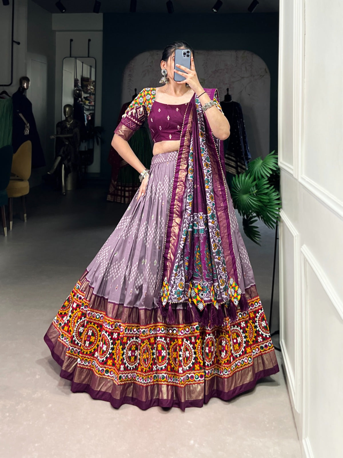 Lorenvalley Wine Tussar Silk Dot and Ikkat Print with Mirror Gamthi Work and Foil Work Lehenga Choli with Dupatta | Grocsy