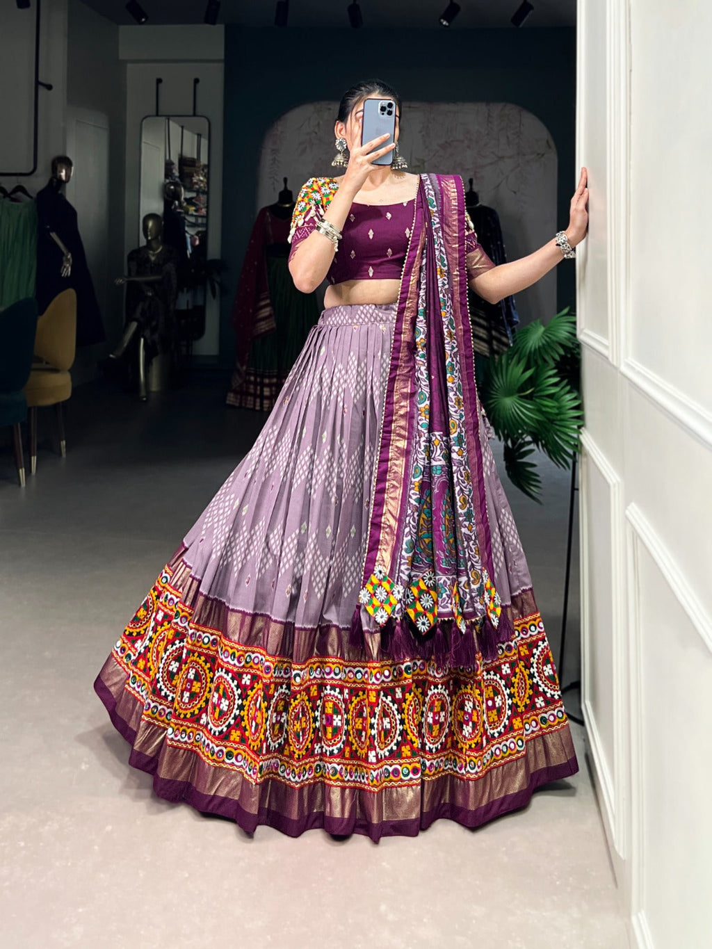 Lorenvalley Wine Tussar Silk Dot and Ikkat Print with Mirror Gamthi Work and Foil Work Lehenga Choli with Dupatta | Grocsy