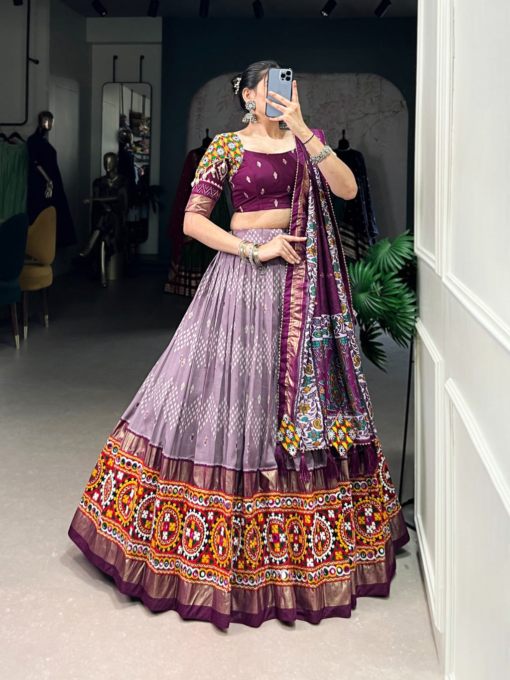 Lorenvalley Wine Tussar Silk Dot and Ikkat Print with Mirror Gamthi Work and Foil Work Lehenga Choli with Dupatta | Grocsy