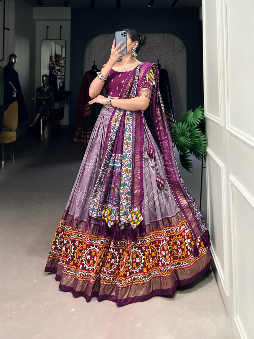Lorenvalley Wine Tussar Silk Dot and Ikkat Print with Mirror Gamthi Work and Foil Work Lehenga Choli with Dupatta | Grocsy