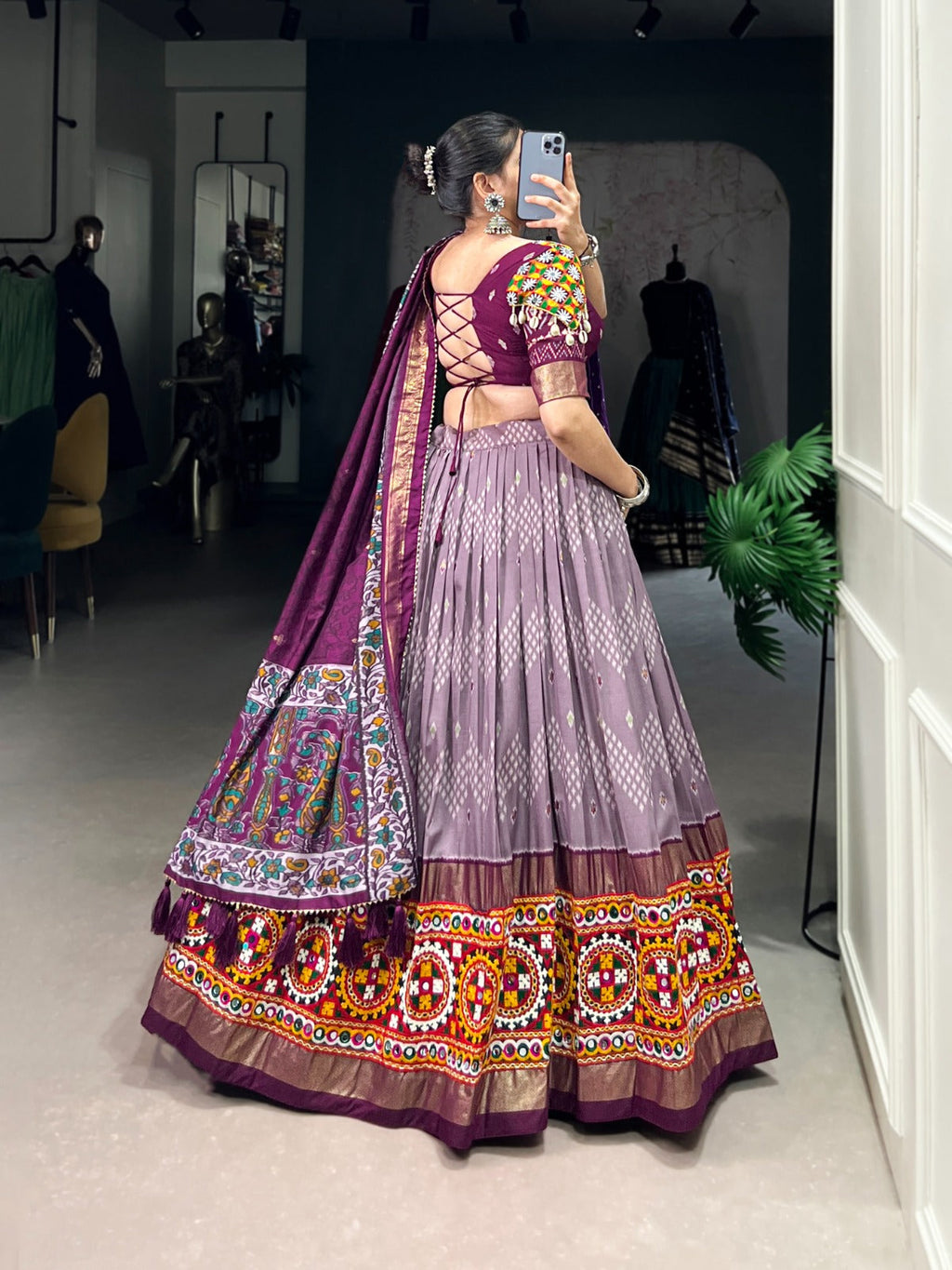 Lorenvalley Wine Tussar Silk Dot and Ikkat Print with Mirror Gamthi Work and Foil Work Lehenga Choli with Dupatta | Grocsy