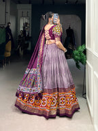 Lorenvalley Wine Tussar Silk Dot and Ikkat Print with Mirror Gamthi Work and Foil Work Lehenga Choli with Dupatta | Grocsy