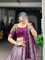 Lorenvalley Wine Tussar Silk Dot and Ikkat Print with Mirror Gamthi Work and Foil Work Lehenga Choli with Dupatta | Grocsy