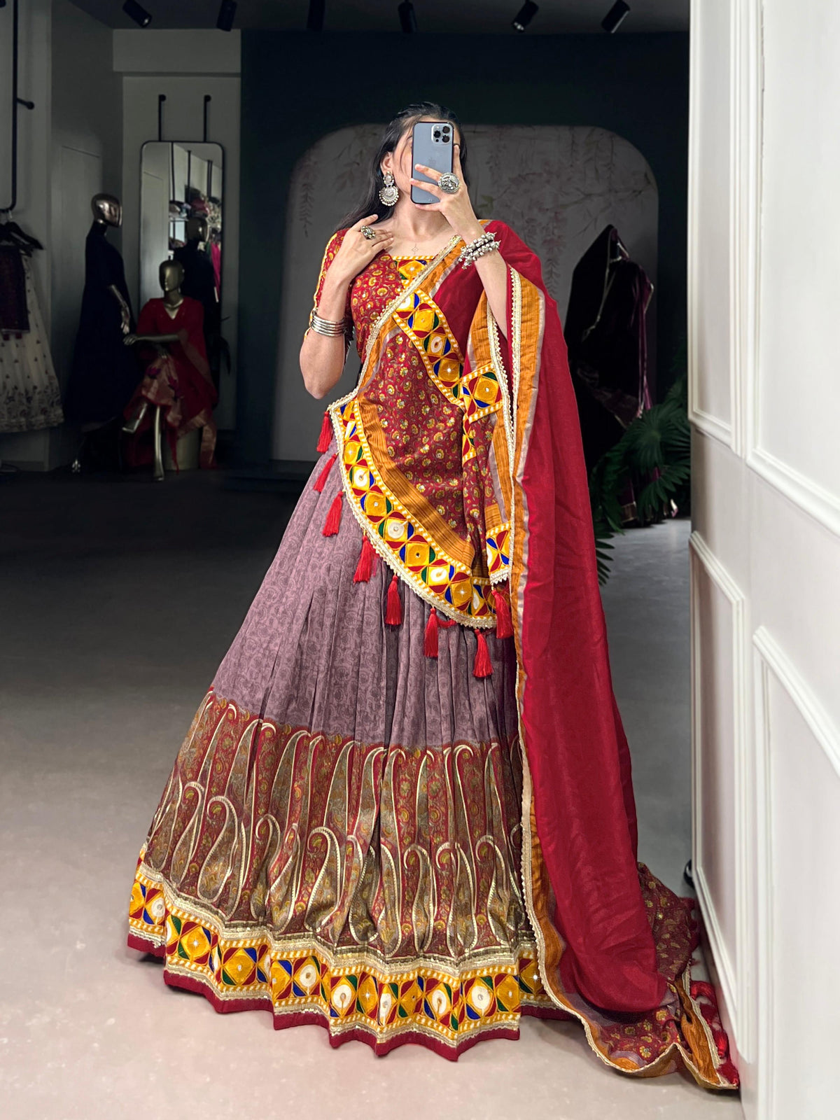 Lorenvalley Fashion Tasar Silk Kashmiri Print With Foil Print And Original Mirror Gamthi work Lehenga Choli with Dupatta | Grocsy