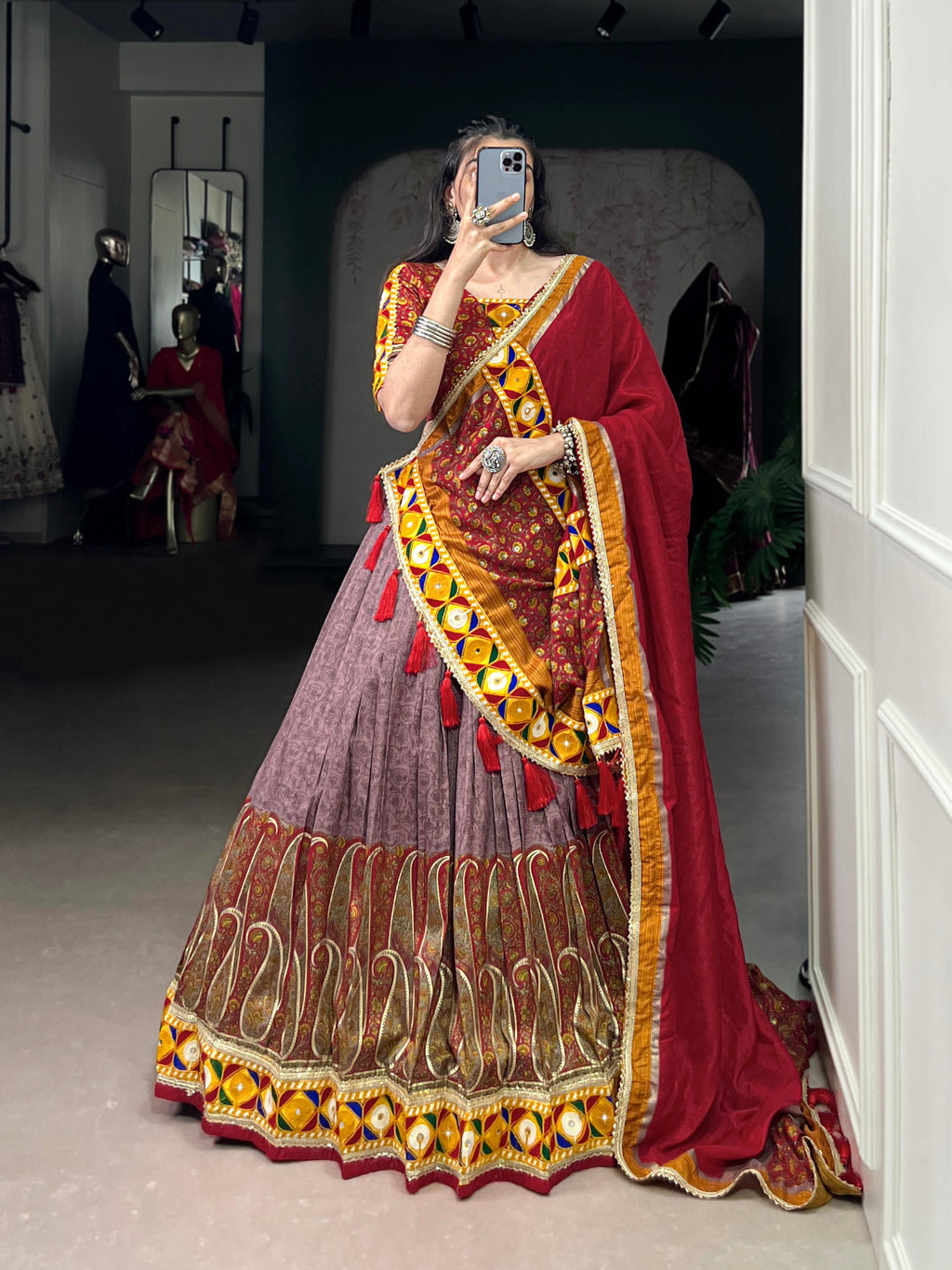 Lorenvalley Fashion Tasar Silk Kashmiri Print With Foil Print And Original Mirror Gamthi work Lehenga Choli with Dupatta | Grocsy