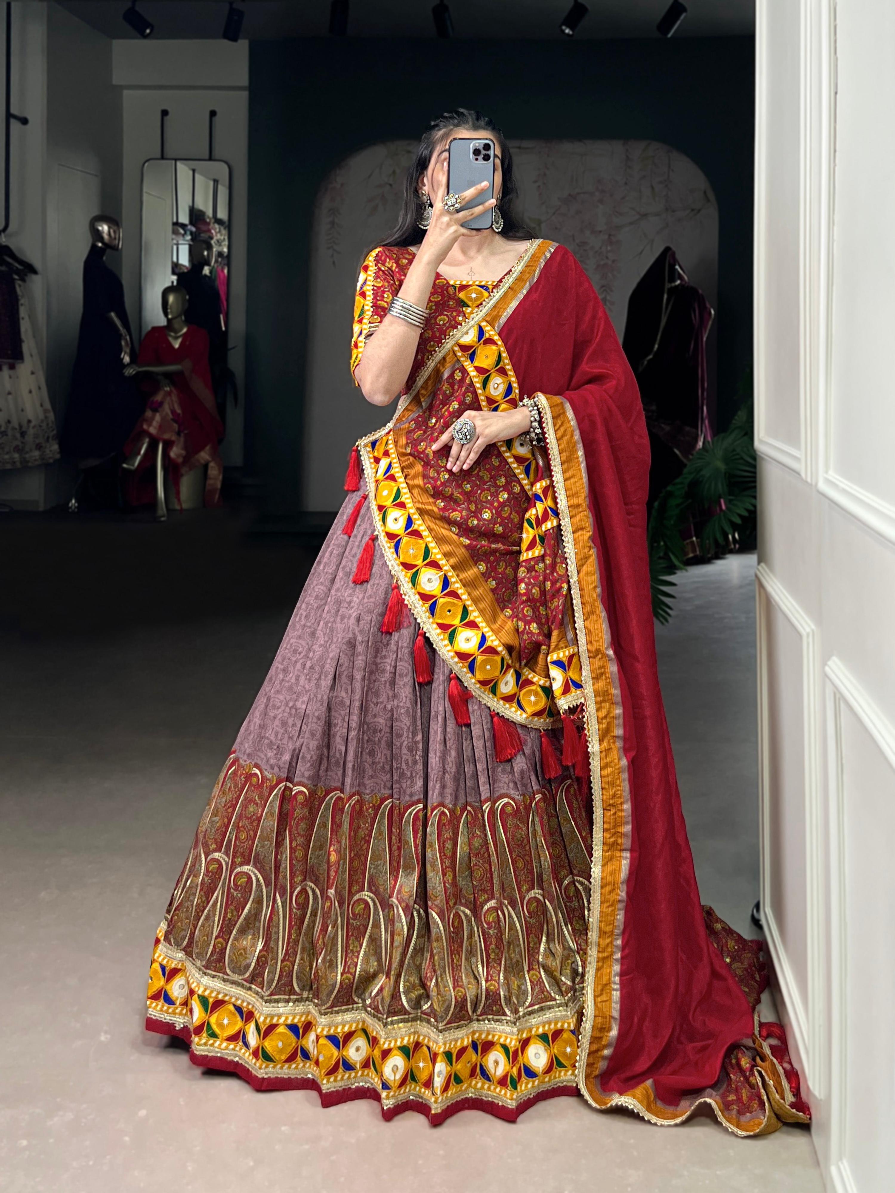 Lorenvalley Fashion Tasar Silk Kashmiri Print With Foil Print And Original Mirror Gamthi work Lehenga Choli with Dupatta | Grocsy