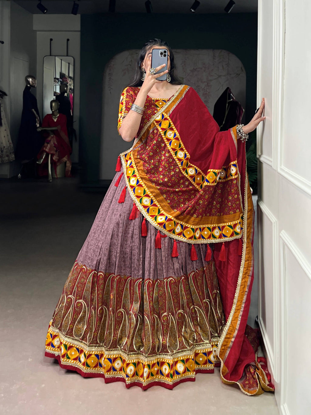 Lorenvalley Fashion Tasar Silk Kashmiri Print With Foil Print And Original Mirror Gamthi work Lehenga Choli with Dupatta | Grocsy