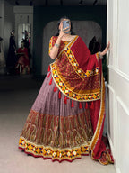 Lorenvalley Fashion Tasar Silk Kashmiri Print With Foil Print And Original Mirror Gamthi work Lehenga Choli with Dupatta | Grocsy