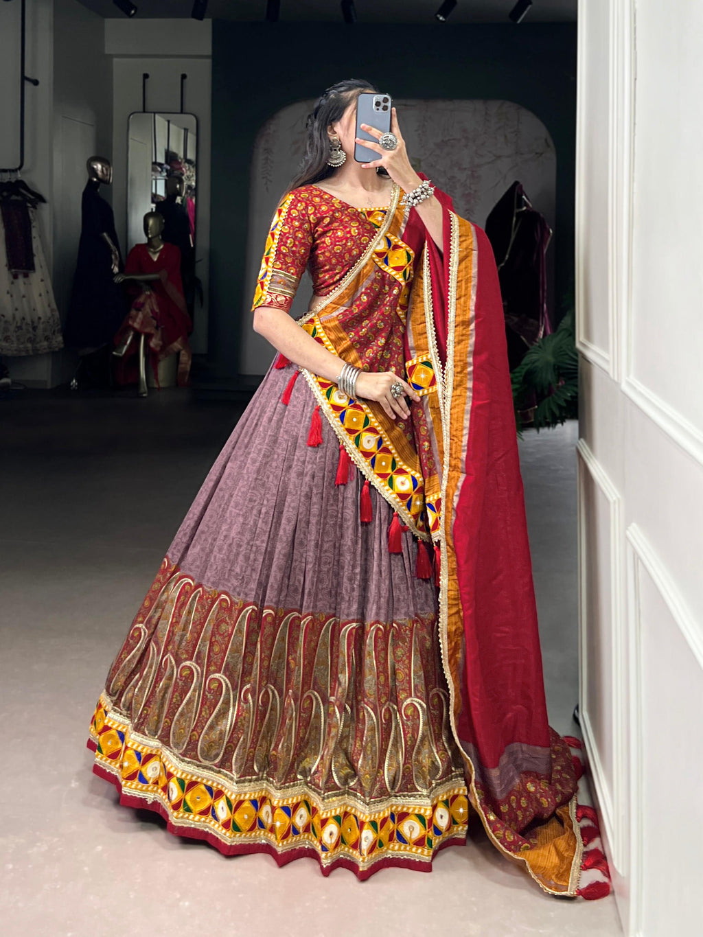 Lorenvalley Fashion Tasar Silk Kashmiri Print With Foil Print And Original Mirror Gamthi work Lehenga Choli with Dupatta | Grocsy