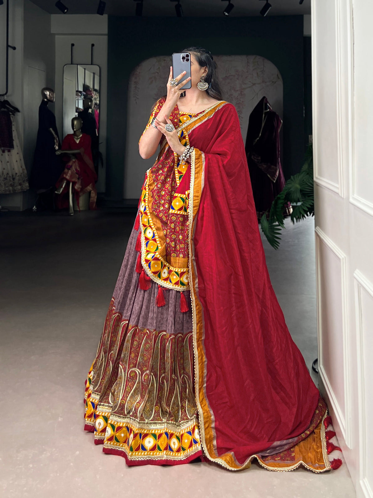 Lorenvalley Fashion Tasar Silk Kashmiri Print With Foil Print And Original Mirror Gamthi work Lehenga Choli with Dupatta | Grocsy