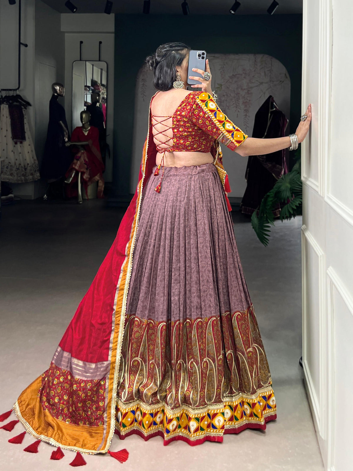 Lorenvalley Fashion Tasar Silk Kashmiri Print With Foil Print And Original Mirror Gamthi work Lehenga Choli with Dupatta | Grocsy