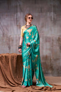 Vastranavya Sea Blue Satin Silk Printed Saree with a Natural Silk Unstitched Blouse | Grocsy