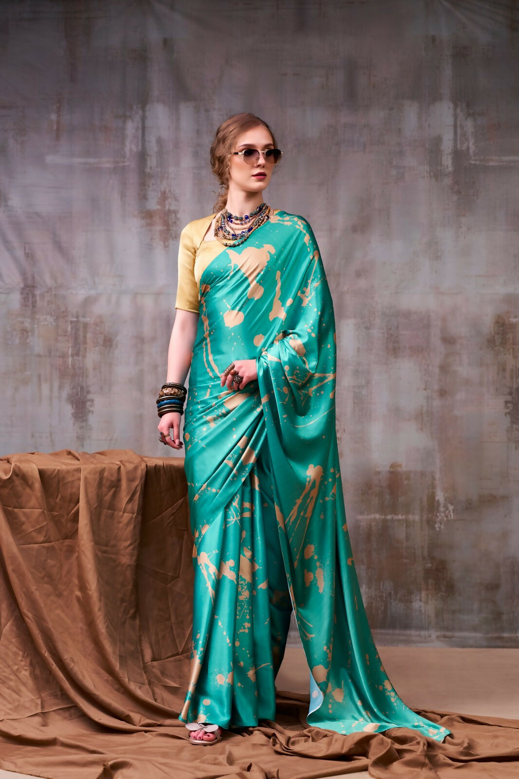 Vastranavya Sea Blue Satin Silk Printed Saree with a Natural Silk Unstitched Blouse | Grocsy