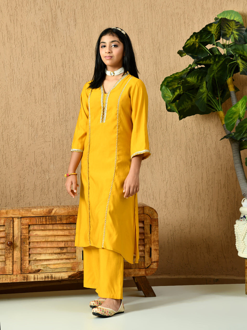Myshka Kids Girls Calf length Embellished Kurta Set Mustard Color | Grocsy