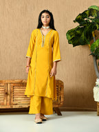 Myshka Kids Girls Calf length Embellished Kurta Set Mustard Color | Grocsy