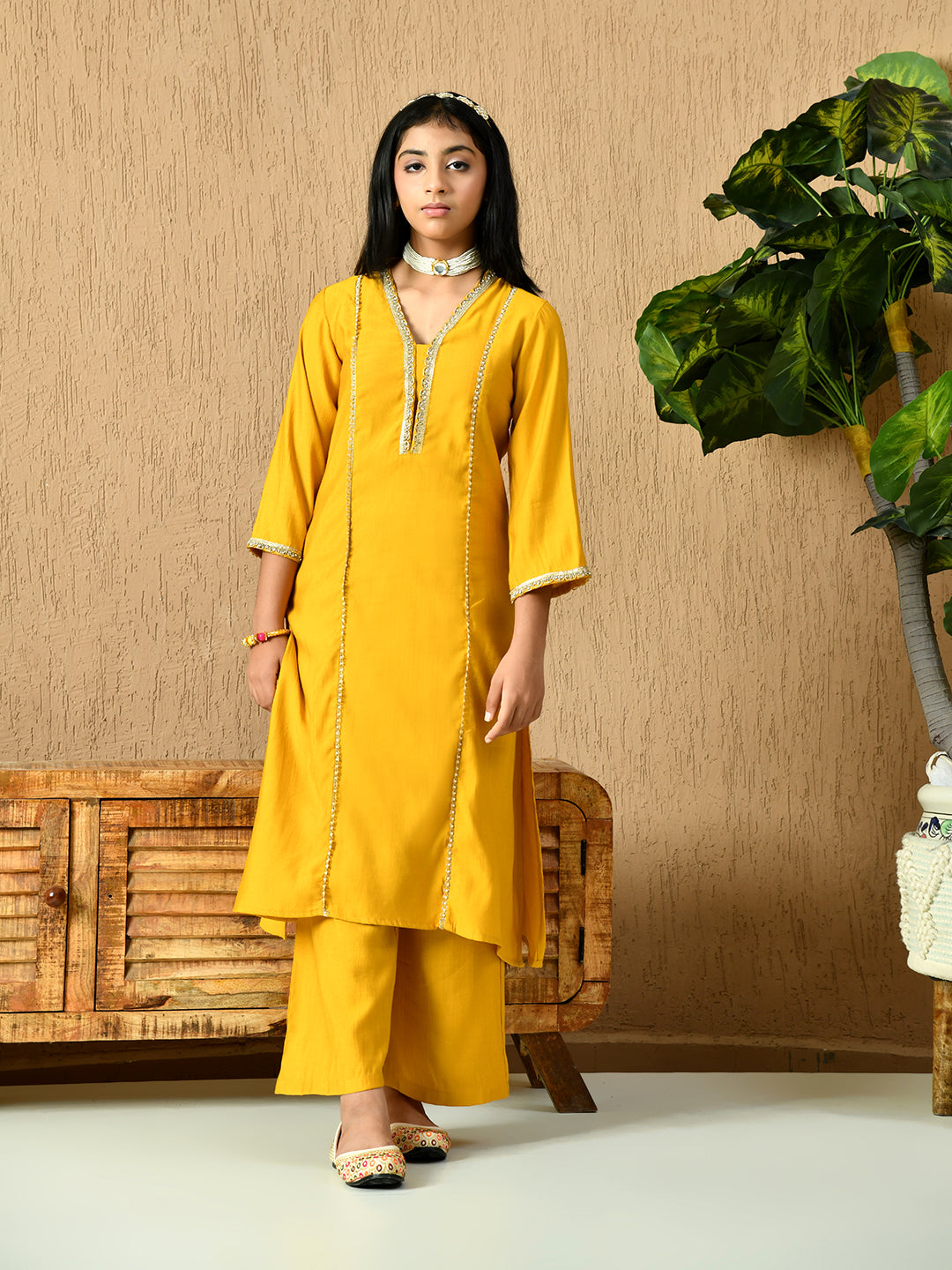 Myshka Kids Girls Calf length Embellished Kurta Set Mustard Color | Grocsy