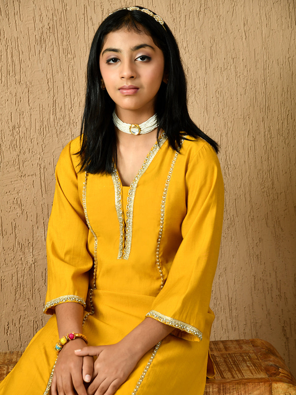 Myshka Kids Girls Calf length Embellished Kurta Set Mustard Color | Grocsy