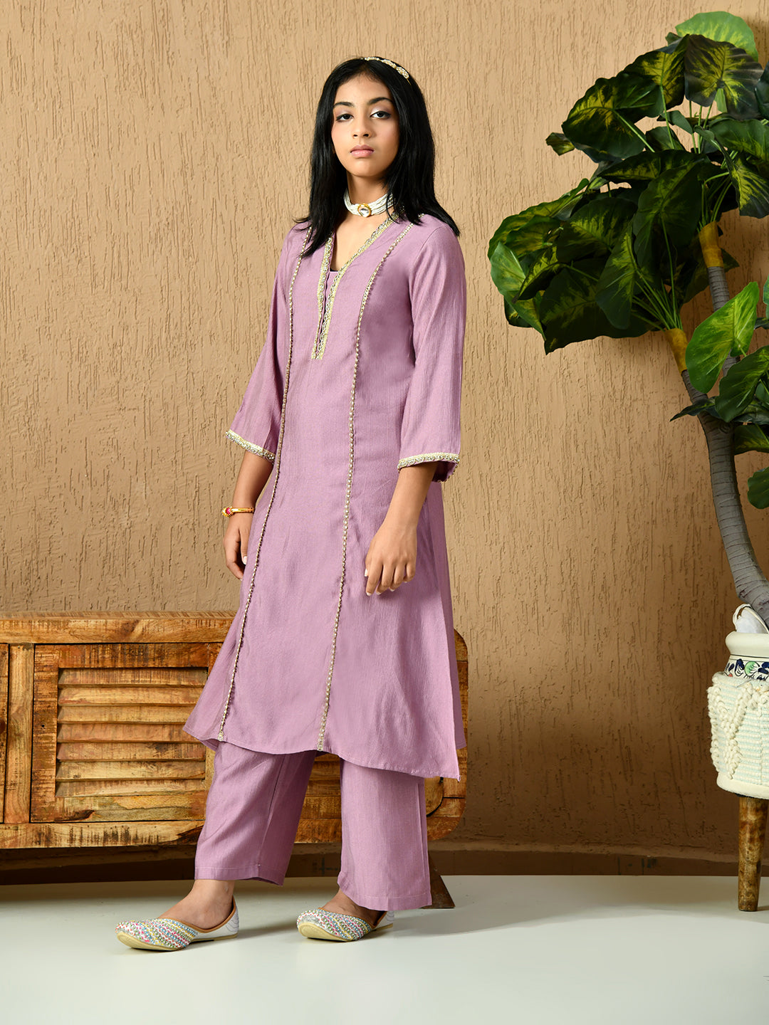 Myshka Kids Girls Calf length Embellished Kurta Set Lavender Color | Grocsy