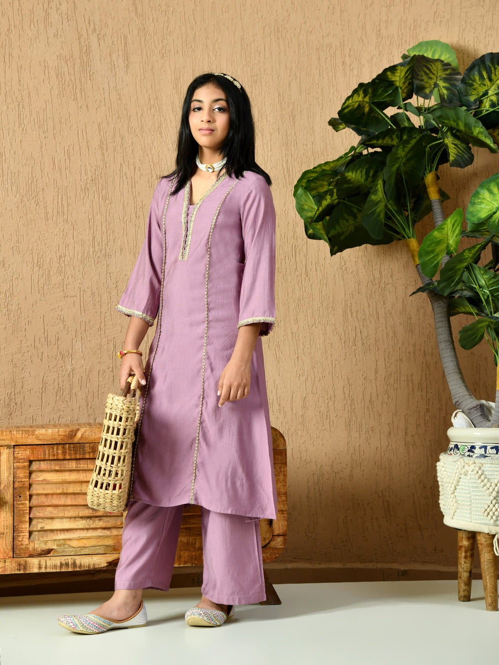 Myshka Kids Girls Calf length Embellished Kurta Set Lavender Color | Grocsy