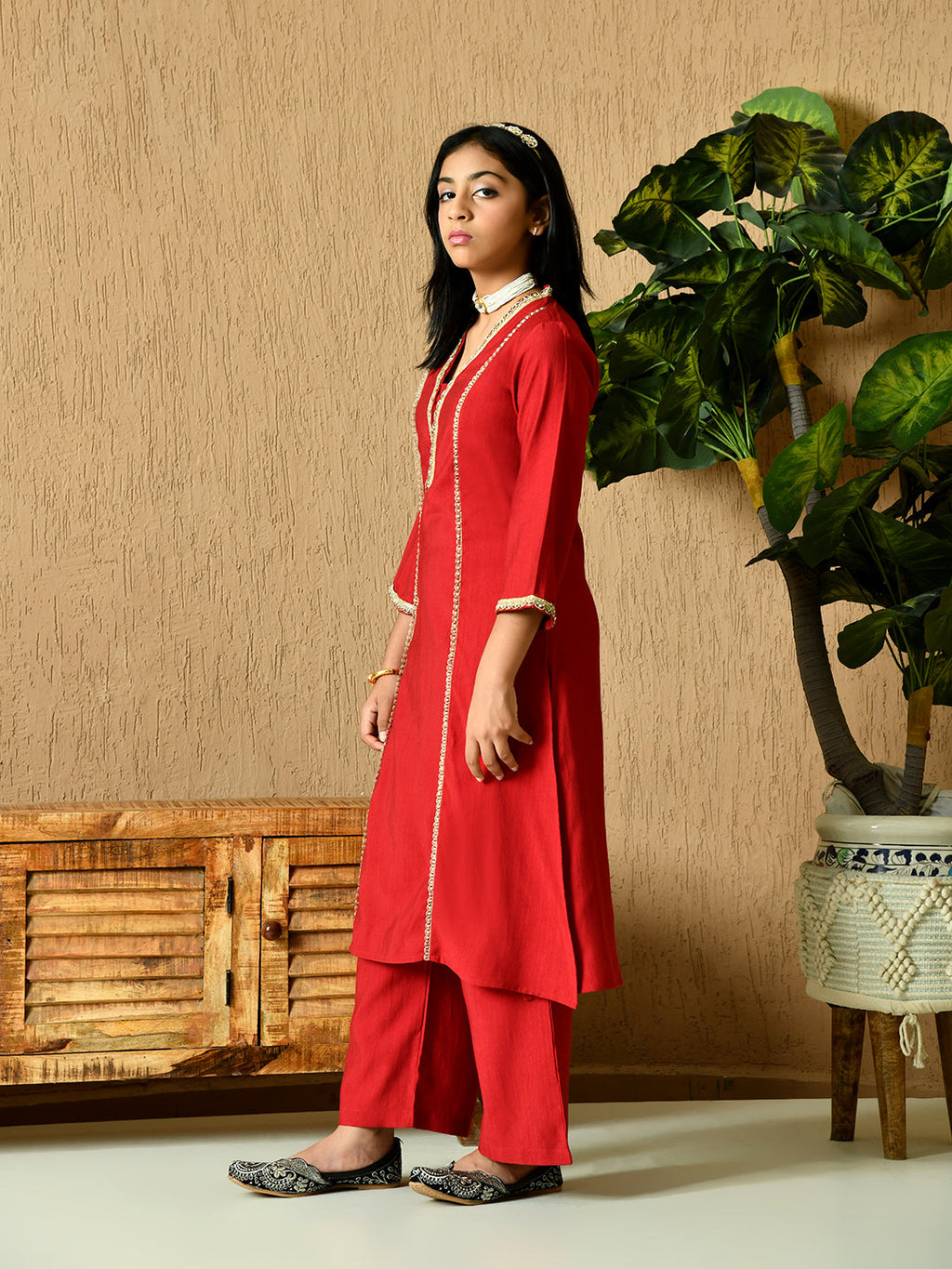 Myshka Kids Girls Calf length Embellished Kurta Set Red Color | Grocsy