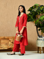 Myshka Kids Girls Calf length Embellished Kurta Set Red Color | Grocsy