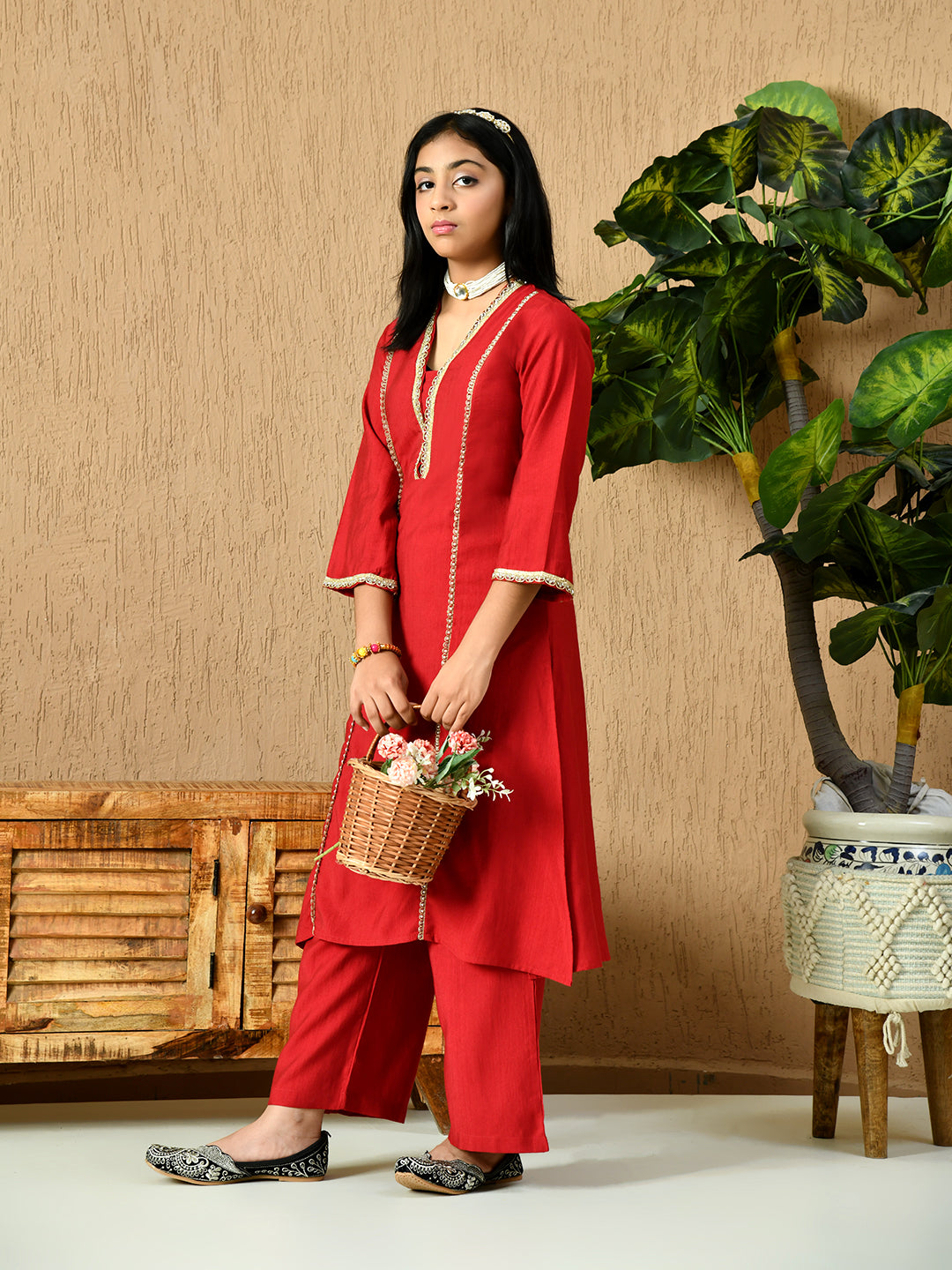 Myshka Kids Girls Calf length Embellished Kurta Set Red Color | Grocsy