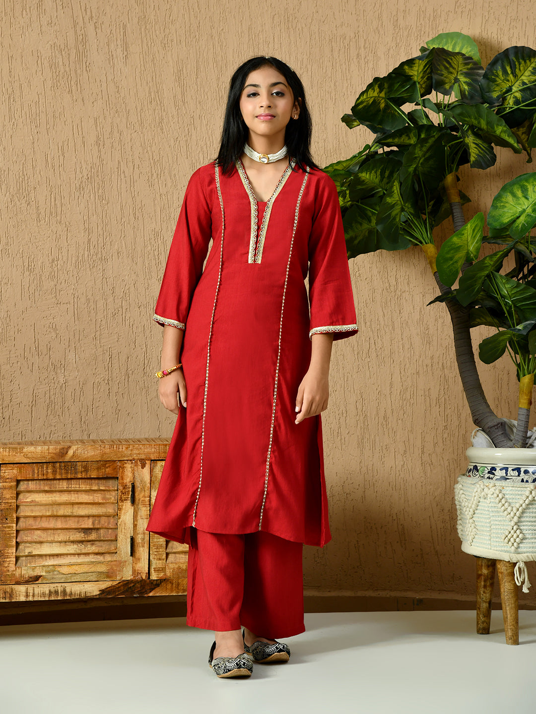 Myshka Kids Girls Calf length Embellished Kurta Set Red Color | Grocsy