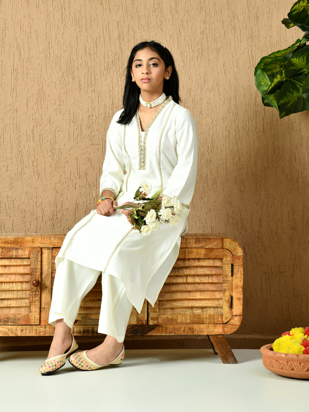 Myshka Kids Girls Calf length Embellished Kurta Set White Color | Grocsy