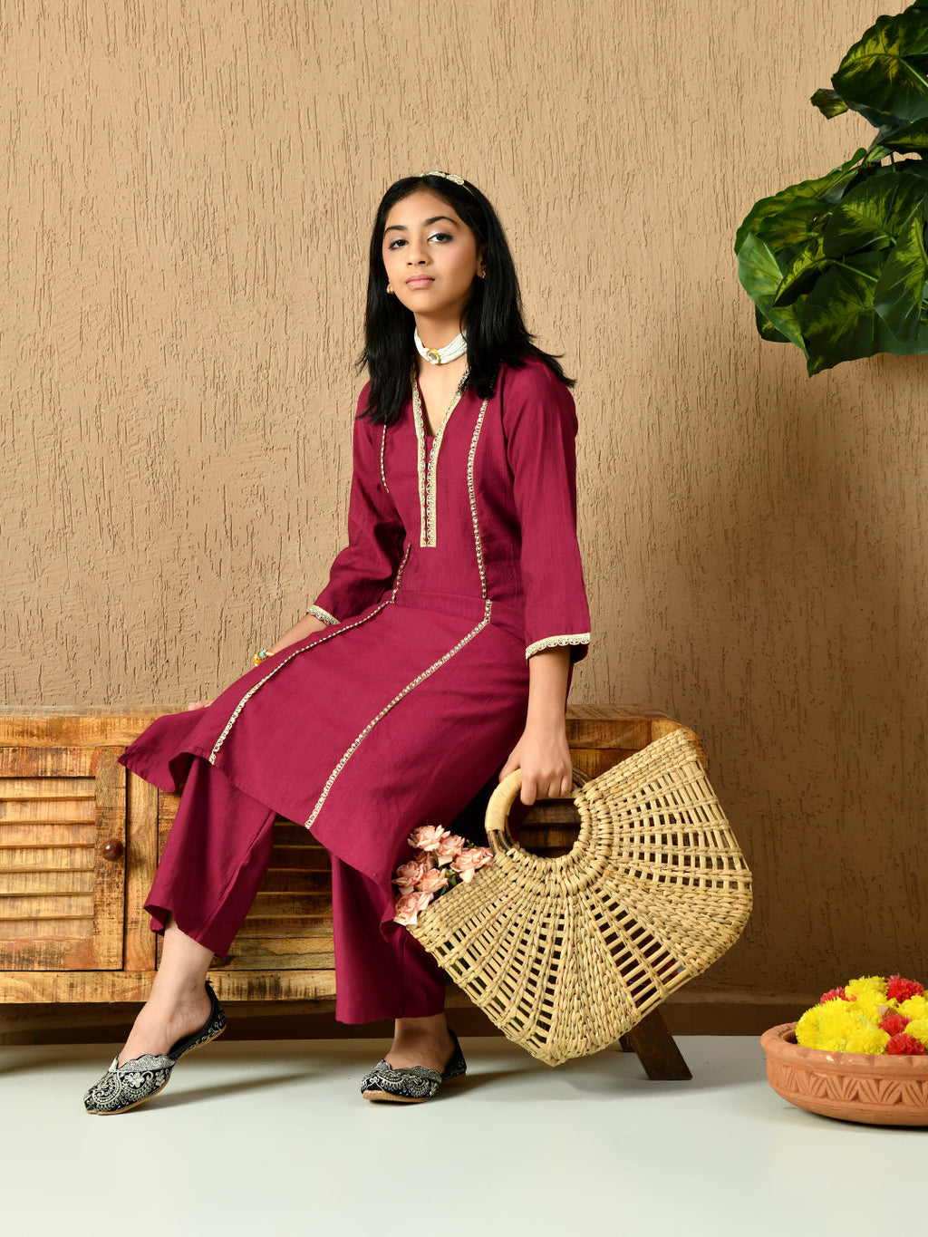 Myshka Kids Girls Calf length Embellished Kurta Set Magenta Color | Grocsy