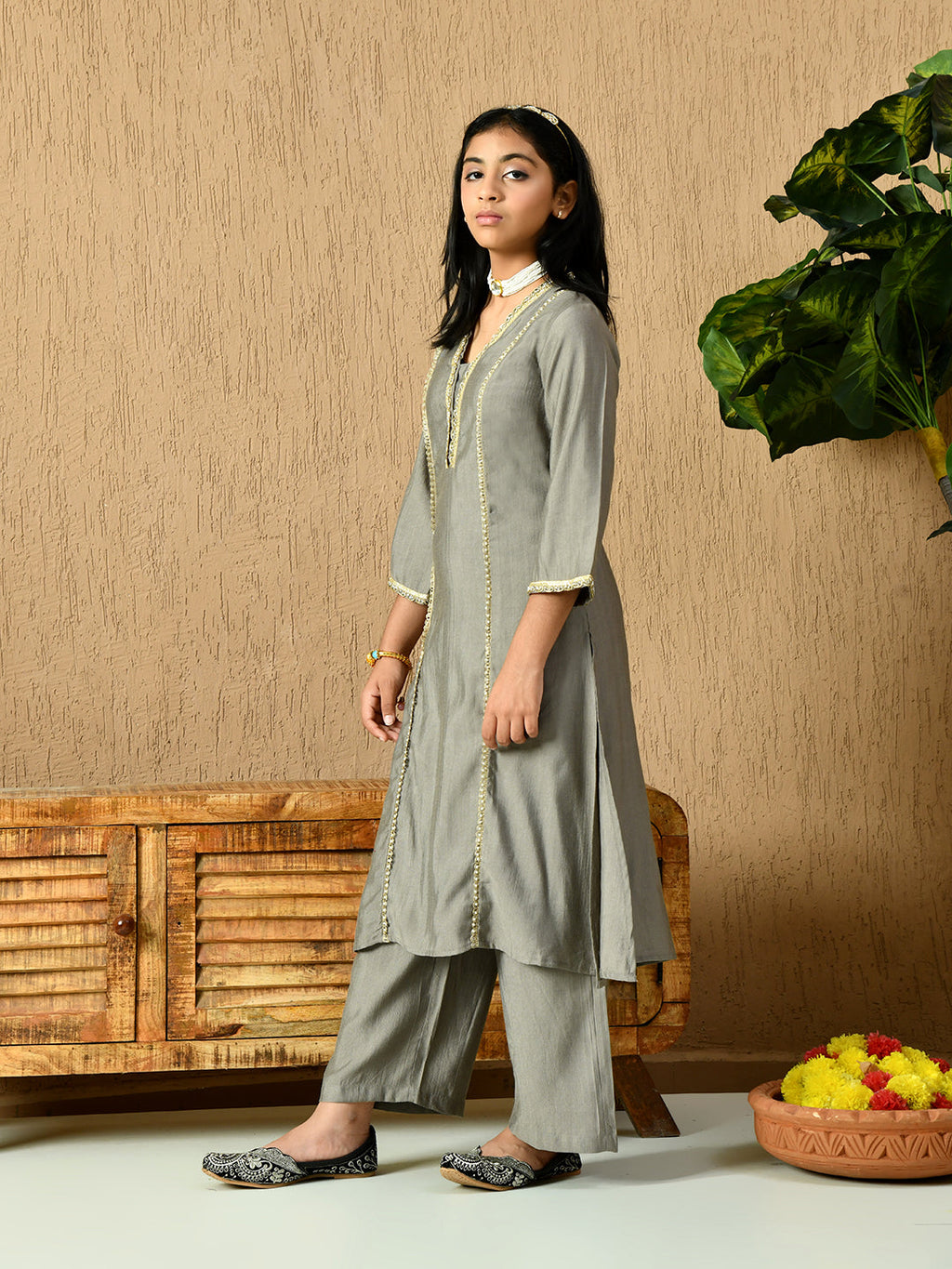 Myshka Kids Girls Calf length Embellished Kurta Set Grey Color | Grocsy