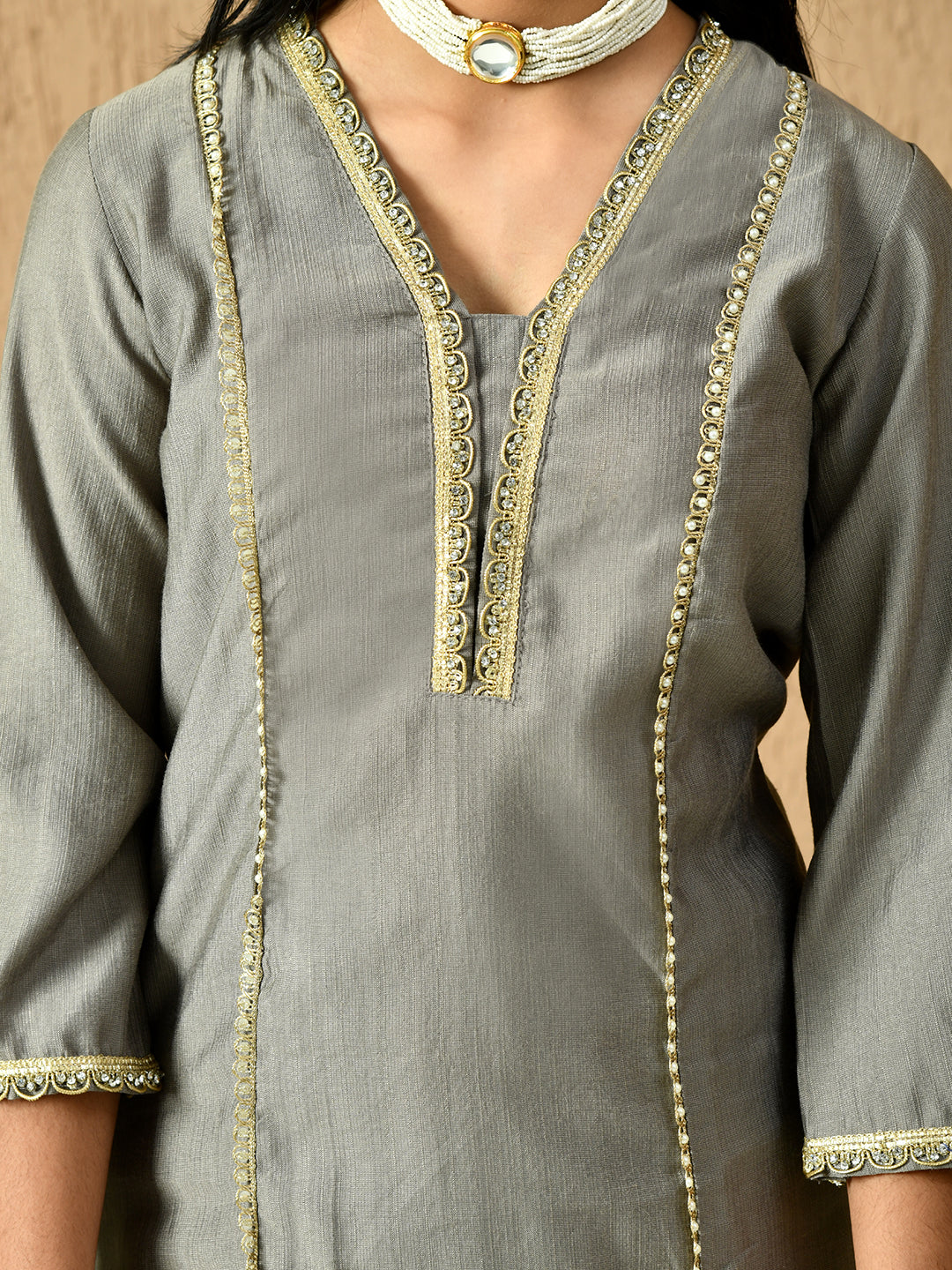 Myshka Kids Girls Calf length Embellished Kurta Set Grey Color | Grocsy