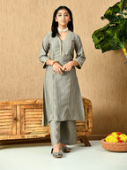 Myshka Kids Girls Calf length Embellished Kurta Set Grey Color | Grocsy