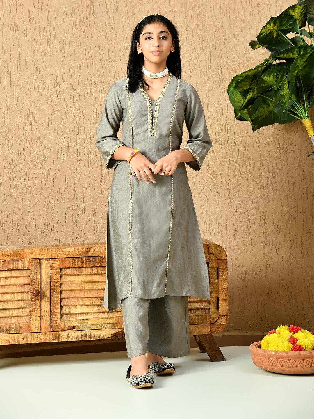 Myshka Kids Girls Calf length Embellished Kurta Set Grey Color | Grocsy