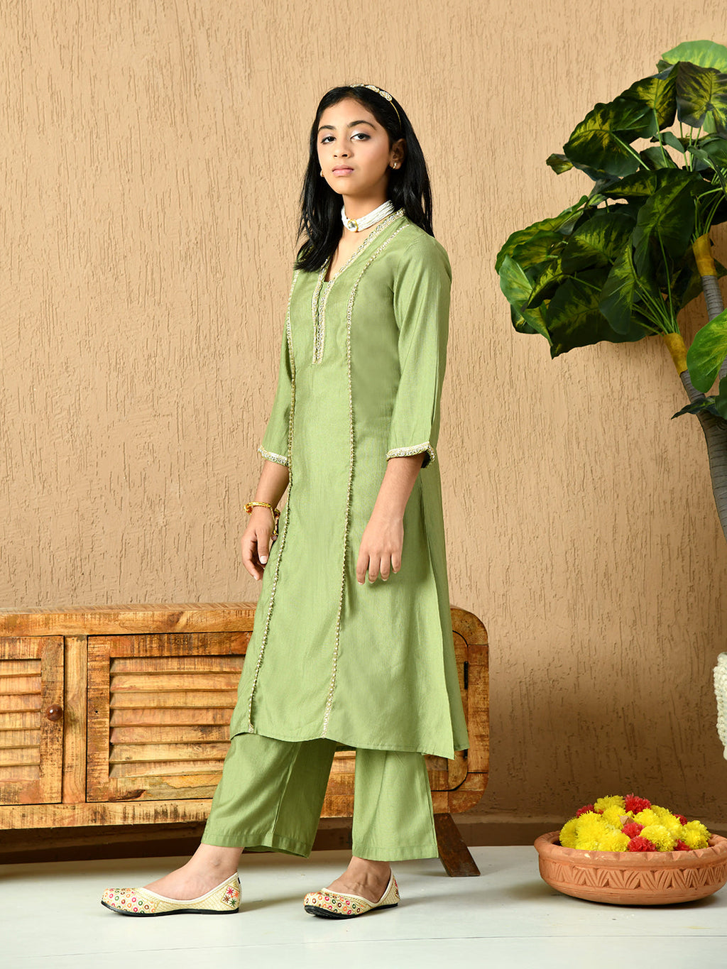 Myshka Kids Girls Calf length Embellished Kurta Set Olive Color | Grocsy