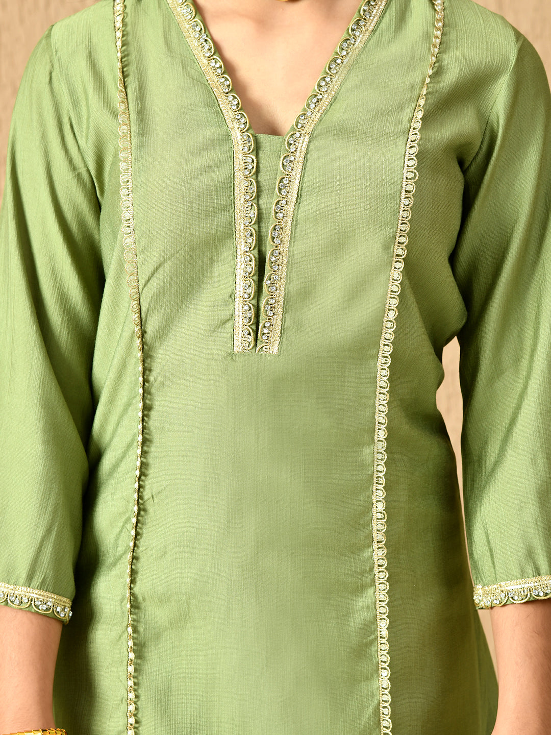 Myshka Kids Girls Calf length Embellished Kurta Set Olive Color | Grocsy