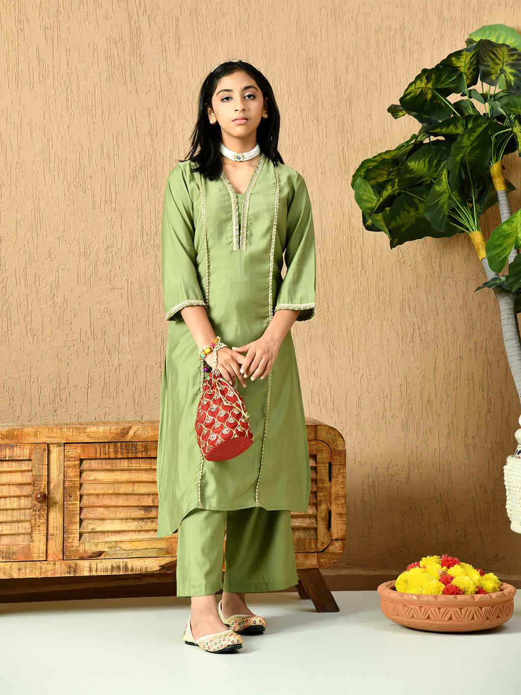 Myshka Kids Girls Calf length Embellished Kurta Set Olive Color | Grocsy