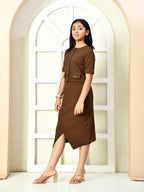 Myshka Girls Brown Solid Polyester Top With Skirt | Grocsy