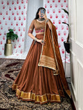 Lorenvalley Brown Pure Chanderi Zari Weaving Work With Gotta Patti Lace Touch Up Lehenga Choli with Dupatta | Grocsy