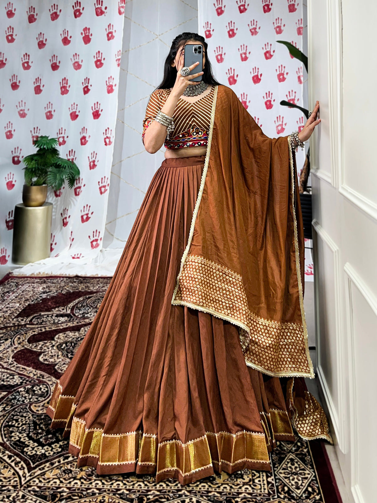 Lorenvalley Brown Pure Chanderi Zari Weaving Work With Gotta Patti Lace Touch Up Lehenga Choli with Dupatta | Grocsy