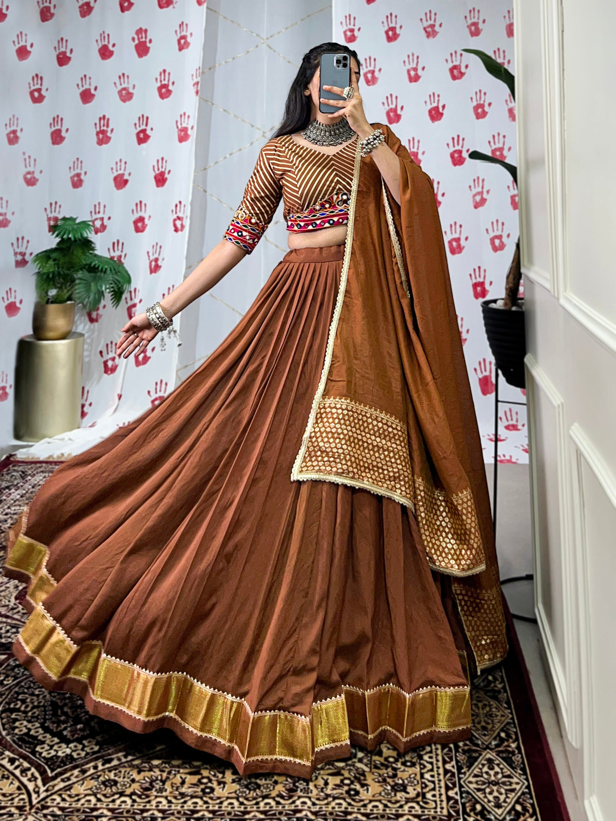 Lorenvalley Brown Pure Chanderi Zari Weaving Work With Gotta Patti Lace Touch Up Lehenga Choli with Dupatta | Grocsy
