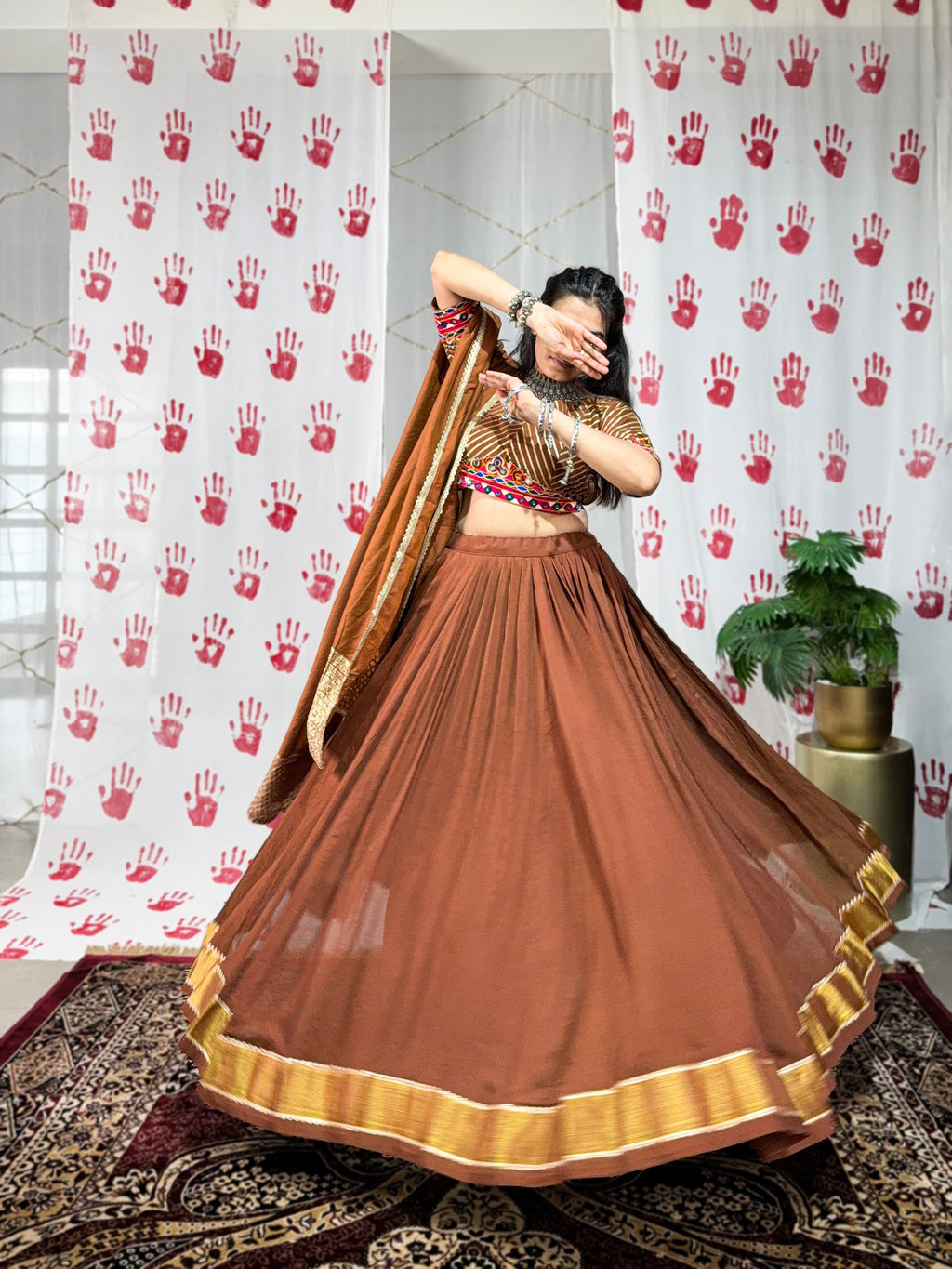 Lorenvalley Brown Pure Chanderi Zari Weaving Work With Gotta Patti Lace Touch Up Lehenga Choli with Dupatta | Grocsy
