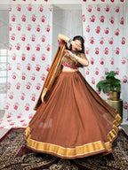 Lorenvalley Brown Pure Chanderi Zari Weaving Work With Gotta Patti Lace Touch Up Lehenga Choli with Dupatta | Grocsy