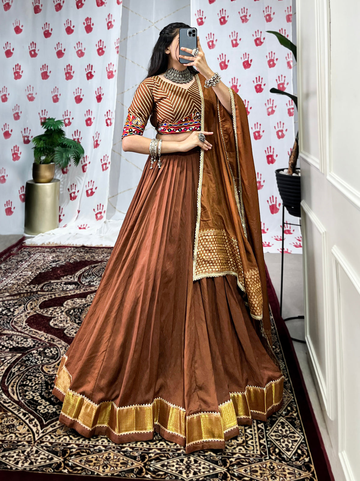 Lorenvalley Brown Pure Chanderi Zari Weaving Work With Gotta Patti Lace Touch Up Lehenga Choli with Dupatta | Grocsy