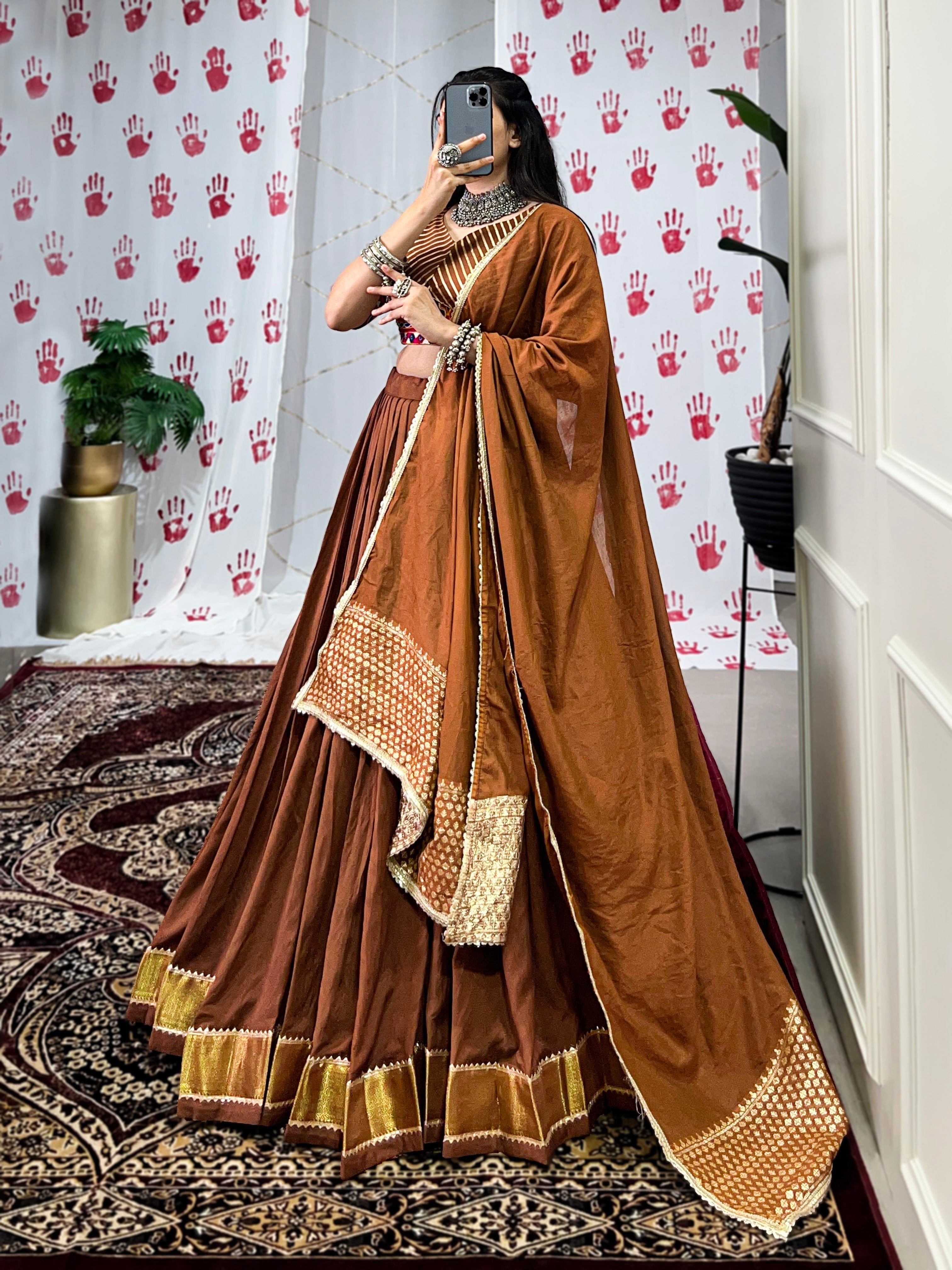 Lorenvalley Brown Pure Chanderi Zari Weaving Work With Gotta Patti Lace Touch Up Lehenga Choli with Dupatta | Grocsy
